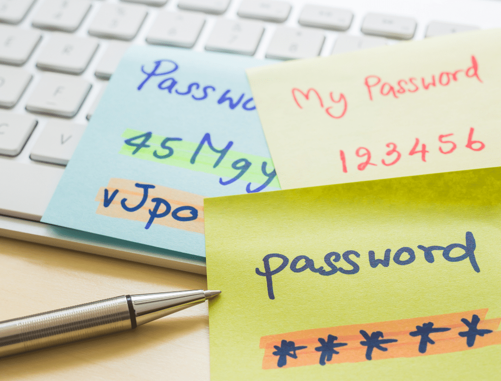 Post It Zettel mit Passwörtern symbolisieren Passwortverwaltung.
