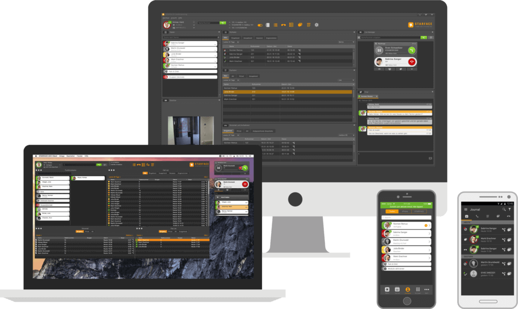 Laptop, Tablet und Smartphones mit der Bedienoberfläche der Starface Telefonanlage.