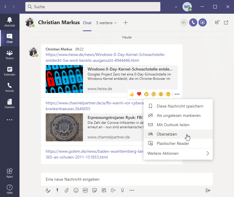 tipps für übersetzen von nachrichten in microsoft teams