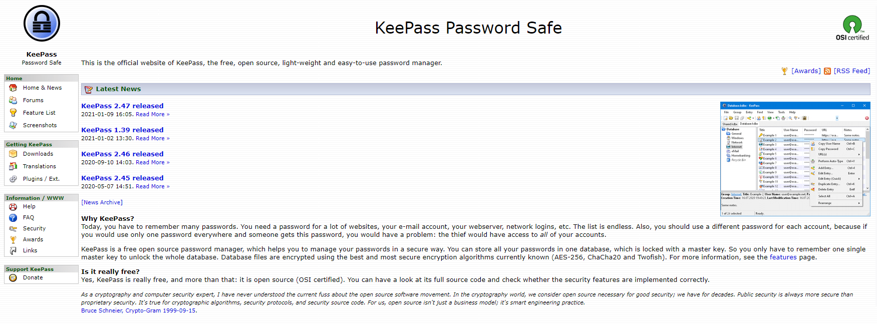 Webseite von Keepass, einem der besten Passwort-Manager.