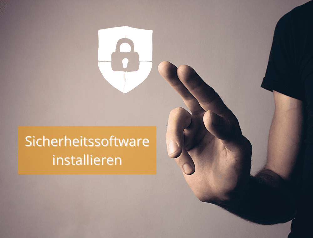Hand drückt Symbol für Sicherheitssoftware beim PC richtig einrichten.