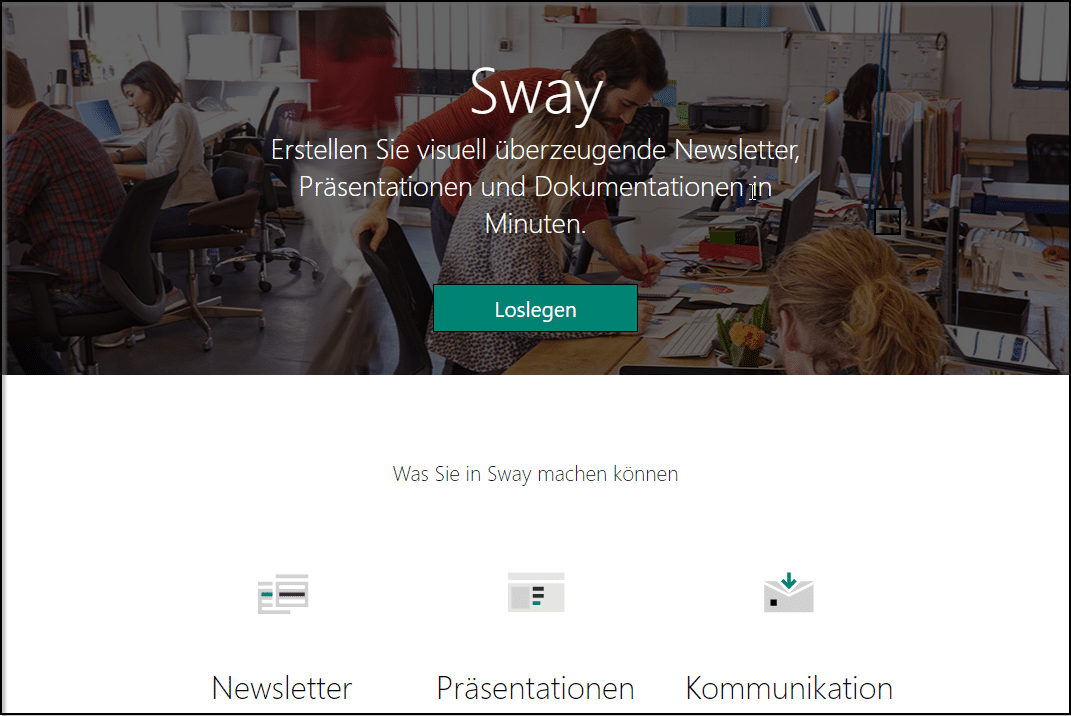 Startseite von Sway, dem Office 365 Tool.