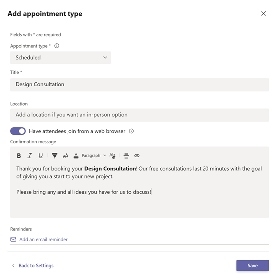 Termintypen in Microsoft Teams.